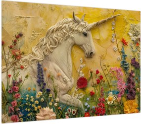 Obraz na szkle - Jednorożec z kwiatami (70x50 cm)