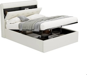 Łóżko 140x190 cm - z ekoskóry - wezgłowie z miejscem do przechowywania - Białe