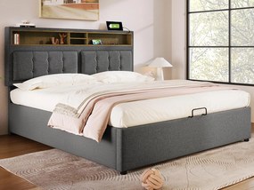 Łóżko tapicerowane 160x200 cm z lnu - regulowane wezgłowie z gniazdami - z stelażem na listwach - Szare