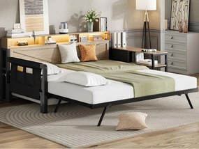 Metalowa sofa rozkładana 90x200 cm - Z wysuwanym łóżkiem - 3 szuflady i 3 półki - LED i port USB - Czarny​ (Materac nie jest wliczony w cenę)