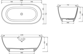Mexen Rimini wanna wolnostojąca z konglomeratu 150 x 75 cm, czarna mat - 57241507570