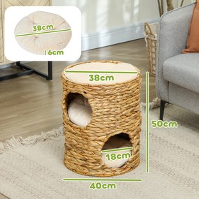 PawHut Drapak 50 cm, 2 jaskinie, poduszka, beczka dla kota z hiacyntu wodnego, Jasnobrązowy