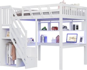 Łóżko piętrowe dla dzieci - 140 x 200 cm - ze schodkami do przechowywania + biurko + port USB + diody LED - drewno - białe