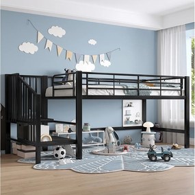 Łóżko piętrowe 90x200 cm, łóżko dziecięce ze schodkami i barierkami, metalowy stelaż - kolor czarny (bez materaca)
