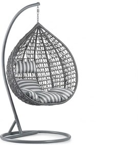 Szare wiszące krzesło KOKON ze stojakiem, biało-szara poduszka