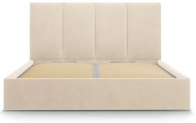 Beżowe tapicerowane łóżko dwuosobowe ze schowkiem ze stelażem 160x200 cm Juniper – Mazzini Beds
