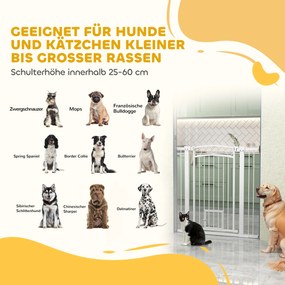 PawHut 106 cm Wysoka Bramka dla Zwierząt z Regulacją Szerokości, Wbudowane Drzwiczki dla Kota, dla Schodów i Drzwi, Biała