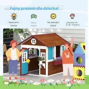Outsunny Domek zabaw dla dzieci, Drewniany domek ogrodowy z oknami, doniczkami, na zewnątrz, 3-8 lat, Niebieski
