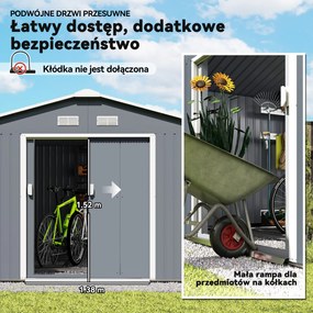Outsunny Szopa Ogrodowa, Wodoodporny Domek na Narzędzia Ogrodowe, z Oknami Wentylacyjnymi, Drzwiami Przesuwnymi, Stal, Węgielny Szary