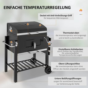 Outsunny Grill węglowy Smoker BBQ-Smoker, 1 półka, 1 uchwyt na ręcznik, 2 ruszty grillowe, 113 cm x 65 cm x 108 cm, Czarny