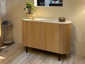 Owalna komoda do salonu ryflowana Fabia 120 cm, dąb/trawertyn