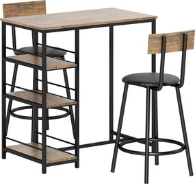 HOMCOM 3-częściowy zestaw do jadalni z ladą barową i 2 krzesłami, Mały zestaw kuchenny z bocznymi półkami, MDF, metal, czarny