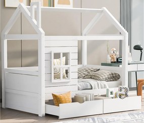 Łóżko domek 80x160 cm z 2 szufladami - z litego drewna - Białe