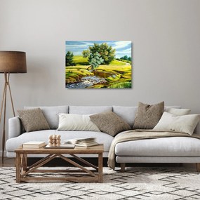 Obraz na szkle - rzeka między łąkami, obraz olejny (70x50 cm)
