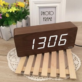 DUŻY ZEGAR Elektroniczny BUDZIK LED Drewniany Cyfrowy Stojący TERMOMETR DAT