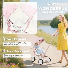 AIYAPLAY Trójkołowiec dla dzieci, zmienny wózek dla niemowląt, design 5-w-1, zdejmowany uchwyt, regulowany, pas bezpieczeństwa, torba na akcesoria, 1-3 lata, Różowy