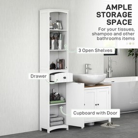 HOMCOM Szafka łazienkowa z 3 półkami, 1 szufladą, wytrzymała, MDF, Biała