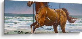Obraz konia na plaży (z zegarem) (90x30 cm)