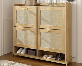 Szafa na buty 108.5x24x100 cm - z 4 frontami z rattanu - Konstrukcja metalowa - MDF - Kolor naturalny