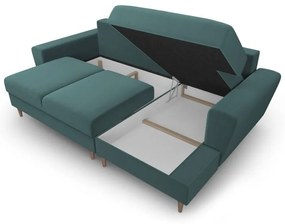 Morski aksamitny rozkładany/ze schowkiem narożnik (prawostronny/z szezlongiem) Kyoto – Cosmopolitan Design