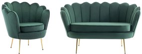 Kanapa 2 osobowa i fotel muszla z weluru w butelkowej zieleni - DANDELION