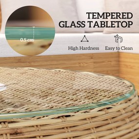 Outsunny Stolik pomocniczy z Polyrattanu okrągły stolik kawowy z blatem szklanym Ø75 x 42 cm Brązowy