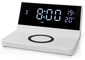 Nedis WCACQ20WT - Budzik z wyświetlaczem LCD i ładowarką bezprzewodową 15W/230V biały