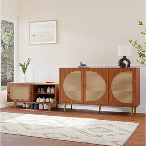Zestaw kredensów do salonu - komoda z 3 drzwiami + szafka na buty z drzwiami przesuwnymi - płyta wiórowa - wzór rattanu - orzech