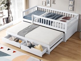 Sofa z łóżkiem z litego drewna 90×200 cm - z łóżkiem wysuwanym - 2 szuflady - z ogrodzeniem zabezpieczającym - białe (materac nie jest zawarty)