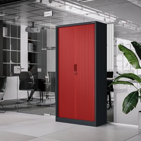 Metalowa szafa biurowa na akta z roletą DAMIAN, 900 x 1850 x 450 mm, antracytowo-czerwona