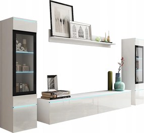 Nowoczesny zestaw mebli do salonu 4 elementy, szafka RTV 180 cm, 2 witryny i półka, korpus biały mat, fronty biały połysk, stojąca lub wisząca