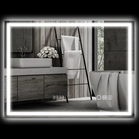 HOMCOM Lustro łazienkowe LED z funkcją przeciw zaparowaniu, 3 regulowane kolory światła, zegar, 600 x 800 mm, Srebrne