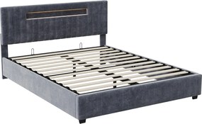 Łóżko z pojemnikiem 140x200cm - Łóżko podwójne z zagłówkiem LED i pojemnikiem, w szarej tkaninie aksamitnej