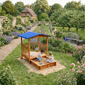 Piaskownica z werandą SUNNY, 130x130x143cm, brązowa/niebieska Jurhan