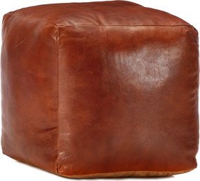 Kwadratowy puf 40x40x40 cm z prawdziwej skóry koziej w kolorze rudo-brązowym, wypełniony bawełną, styl współczesny i vintage, bez schowka