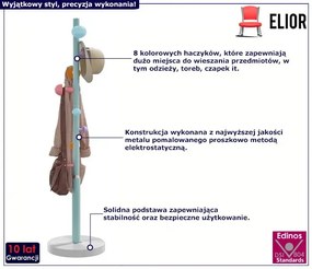 Metalowy niebieski wieszak stojący z 8 haczykami - Larion