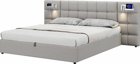 Łóżko z pojemnikiem 180x200cm z tkaniny lnianej - z portem USB, ładowaniem bezprzewodowym i LED - z stelażem na listwy - Szare