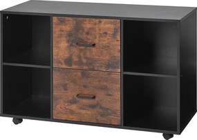 Ruchomy Regał na Dokumenty SucceBuy z Drewna, Mebel Biurowy z 2 Szufladami, Otwartymi Półkami i Blokowanymi Kółkami, do Biura, Czarny