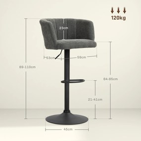 HOMCOM Zestaw 2 Barowych Krzeseł, Oparcie w Kształcie Muszli, Regulowana Wysokość, Podnóżek, dla Kuchni lub Jadalni, Metalowa Baza, Ciemnoszary