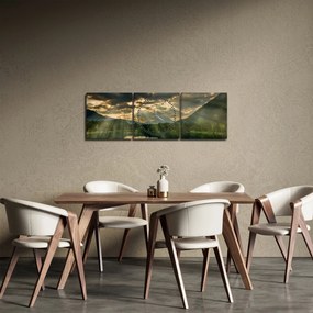 Obraz jeziora, przez które prześwieca słońce (z zegarem) (90x30 cm)