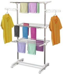 HOMCOM Suszarka na pranie mobilna z kółkami Składana 3 poziomy Wieszak na ubrania Regulowana 80-142x55x152 cm | Aosom PL