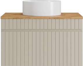 Wisząca szafka łazienkowa prążkowana beżowa z umywalką nablatową okrągłą – 80 cm – SATARA