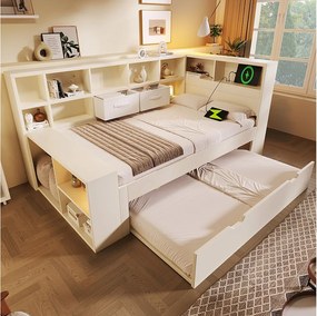 Sofa tapicerowana z funkcją spania - 90 x 190 cm - z wysuwanym łóżkiem 90 x 180 cm + port USB + półka do przechowywania - drewno - biała