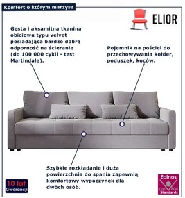 Szara welurowa sofa amerykanka z pojemnikiem M8-E16