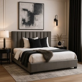 Łóżko Tapicerowane 140x200 cm ze Stelażem Dwuosobowe MARI Welurowe Szare