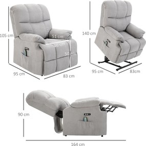 HOMCOM Fotel do masażu z funkcją wstawania i ogrzewania regulowany kąt nachylenia z pilotem szary pluszowy | Aosom PL