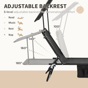 Outsunny Zestaw 2 składanych leżaków ogrodowych z daszkiem przeciwsłonecznym, 5-pozycyjnym regulowanym oparciem, czarny | Aosom PL
