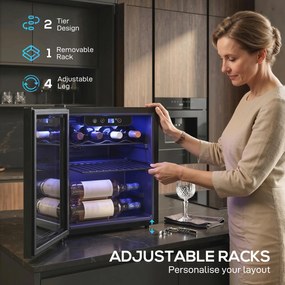 HOMCOM Chłodziarka na 12 butelek, 36 litrów, Zakres Temperatur 4-16°C, Mała Lodówka na Napoje i Piwo z Szklanymi Drzwiami i Oświetleniem LED | Aosom PL