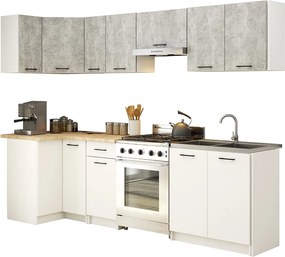 Zestaw kuchenny narożny OLIWIA 3.0m Szary Beton 300 cm 11 drzwi 1 szuflada kolor Biały mat 16 półek 300x46x203 cm