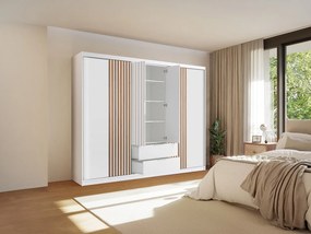 Szafa 4-drzwiowa z 2 szufladami - Z lustrem - Szer.250 cm - Biało-naturalny - SIDOVIA
